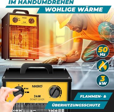 Електричний обігрівач MASKO, вентилятор-обігрівач, будівельний обігрівач, керамічний радіаційний обігрівач, електричний нагрівальний пристрій з термостатом, електричний обігрівач з 3 режимами нагріву, вентилятор-обігрівач для використання всередині та зов
