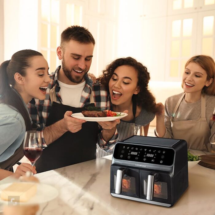 Двокамерна фритюрниця Lellaluka, фритюрниця, 2-камерна фритюрниця 8 л, яка може готувати одночасно з видимим вікном, сенсорним екраном і функцією зневоднення