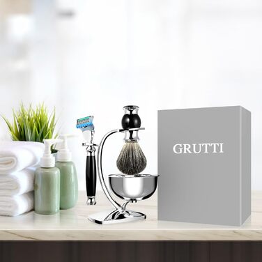 Набір щіток для гоління GRUTTI Premium з безпечною підставкою для бритви та чашею для гоління та щіткою для гоління Imitation Badger Hair and Wet Shaver Men (сумісний з Fusion 5), подарункові набори для чоловіків, сумісні з Fusion 5 Set-Black