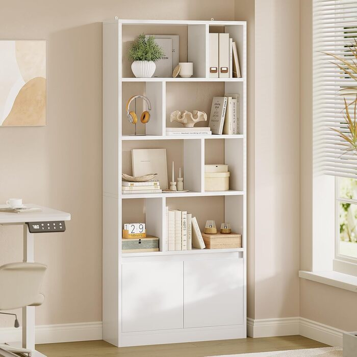 Біла дерев&39яна книжкова шафа, висока книжкова шафа з 4 полицями та відкритим місцем для зберігання, окремостояча полиця з дверцятами для вітальні, спальні, офісу, кабінету, 155x60x24 см, білий