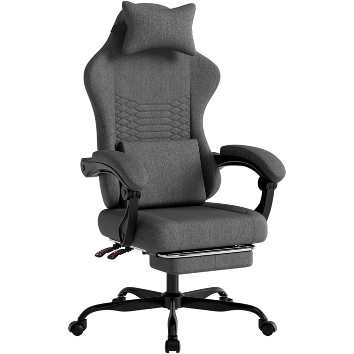 Ергономічне ігрове крісло з масажем, підголівником та регульованою підставкою для ніг - тканинний чохол, темно-сірий, регульовані підлокітники, витримує до 136 кг