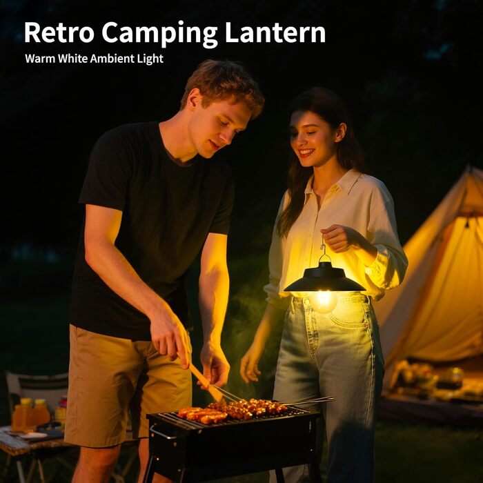 Ретро-ліхтар для кемпінгу світлодіодний акумуляторний, 200 люмен, водонепроникний IPX4, акумуляторний з батареєю 2600 мАг, наметовий ліхтар для кемпінгу та надзвичайних ситуацій (теплий білий) вінтажний