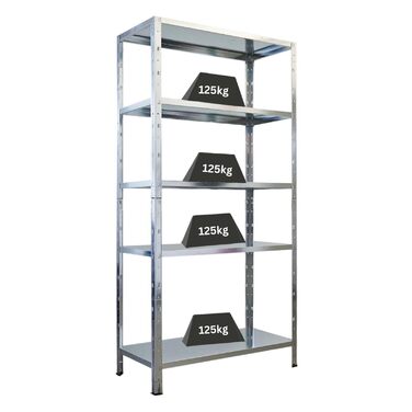 Надміцний стелаж з металевими полицями, ВxШxГ 180x90x40 см, 5 рівнів, навантаження на полицю 125 кг, оцинкований, металевий, металевий стелаж, кухонний стелаж, стелаж для підвалу, стелаж без болтів, гаражний стелаж, стелаж для зберігання, 180x90x40 см, оц