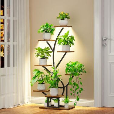 Підставка для рослин з лампою для вирощування - 8-ярусна підставка для квітів 126 см, полиця для рослин з металу та дерева - Квіткові драбини для приміщень та вулиці - Декоративна чорна квіткова підставка для балкону в приміщенні