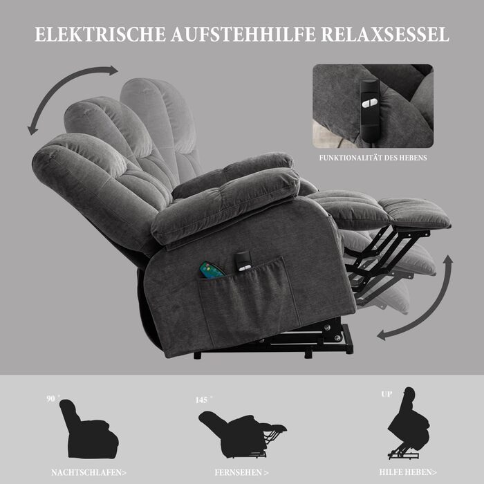 Регульоване крісло для телевізора Bosmiller з електричним підйомником, функцією обігрівача, масажу та підігріву, сірого кольору