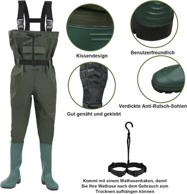 Вейдерси, водонепроникні рибальські вейдерси з нейлону 70D, композитні ПВХ, рибальські штани з нековзними гумовими чобітьми, вейдерси для ставка, вейдерси для захисту від повені, для будівельних майданчиків, риболовлі, ферм, садів, розмір 45 з гачками