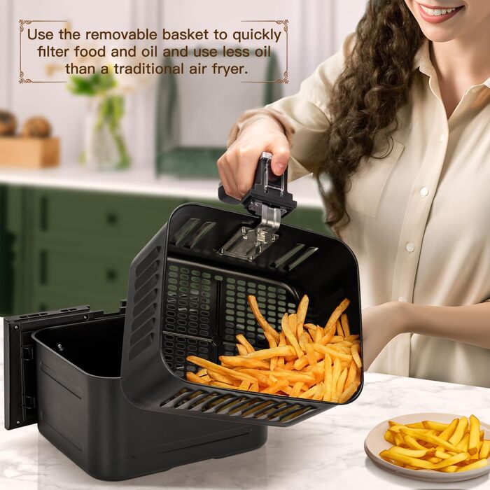 Фритюрниця 8 л з оглядовим вікном, 12 програм, цифровий світлодіодний сенсорний екран, фритюрниця з гарячим повітрям із книгою рецептів, без олії, можна мити в посудомийній машині, срібло без BPA 1700 Вт 8 л