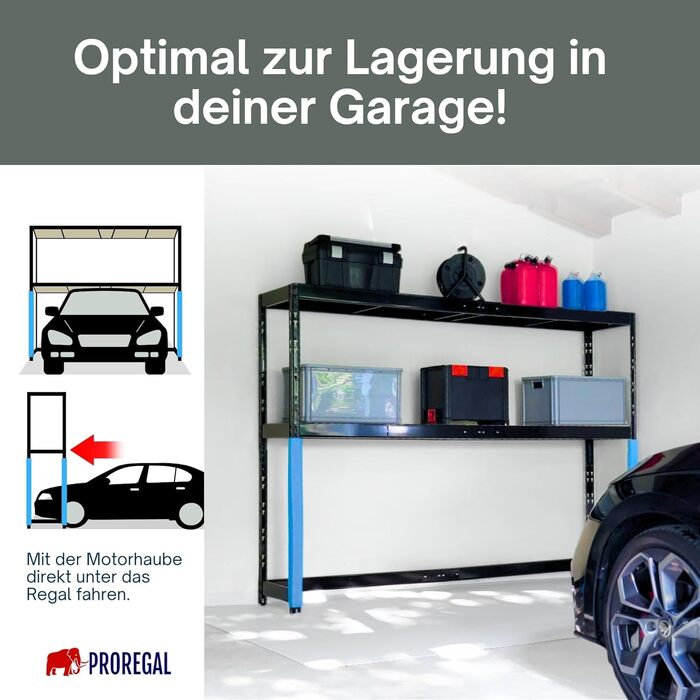 Стелаж для гаража PROREGAL Hercules, компактний, доступний для навантажувача, розміри (ВxШxГ) 180x240x50 см, 2 рівні зберігання, вантажопідйомність полиці 300 кг, чорний, надміцний стелаж, стійка для зберігання