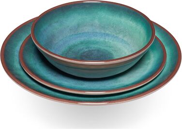 Набір меламінового посуду Jesolo зелений для 2 осіб - з чашками з нержавіючої сталі, вигляд кераміки, можна мити в посудомийній машині, кемпінговий посуд, караван, кемпінг, фестиваль - чашка з нержавіючої сталі бірюзового кольору