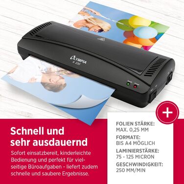 Ламінувальний набір Olympia A 230 4-в-1 Гаряче та холодне ламінування Ламінатор з закруглювачем кутів, різаком для паперу та ламінувальними пакетами Ламінування без бульбашок Захист від перегріву Одинарний ламінатор A4