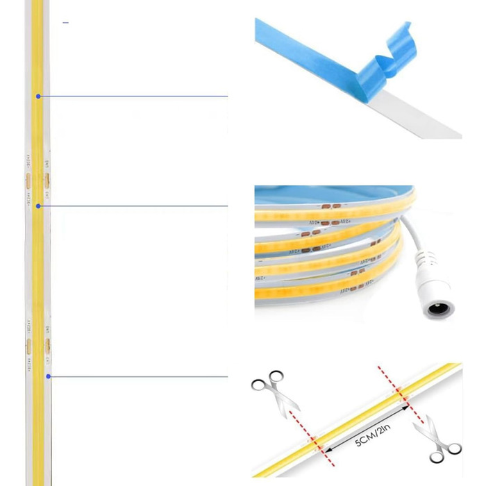 М (2 шт. 5м) COB світлодіодна стрічка тепла біла 3000K, стрічка з регулюванням яскравості 24 В 8 мм, керована Bluetooth APP, самоклеюча, гнучка світлова стрічка з джерелом живлення Радіочастотний пульт дистанційного керування 10 м теплий білий 3000K, 10