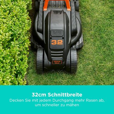 Електрогазонокосарка BLACKDECKER 1000 Вт, ширина 32 см, 3 регулювання висоти, травозбірник 30 л, BEMW351-QS