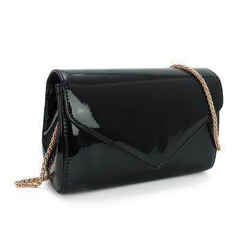 Жіноче лаковане клатч з ланцюжком на плече. Елегантна сумка-кросбоді для вечірок та особливих подій, чорний колір.