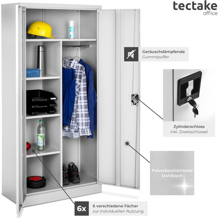 Картотечна шафа Tectake, шафка-купе, багатофункціональна шафа, гардеробна з вішалкою для одягу, побутова шафа з 6 відділеннями, картотечна шафа, що замикається, вкл. полиці, 180x80x40см сірий 180 x 80 x 40см Сірий