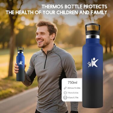 Пляшка для води HoneyHolly 750 мл без BPA з нержавіючої сталі, герметична двостінна ізольована пляшка з трубочкою, нержавіюча сталь 18/8, термос - морський зелений, світло-фіолетовий, темно-синій та чорний - 750 мл