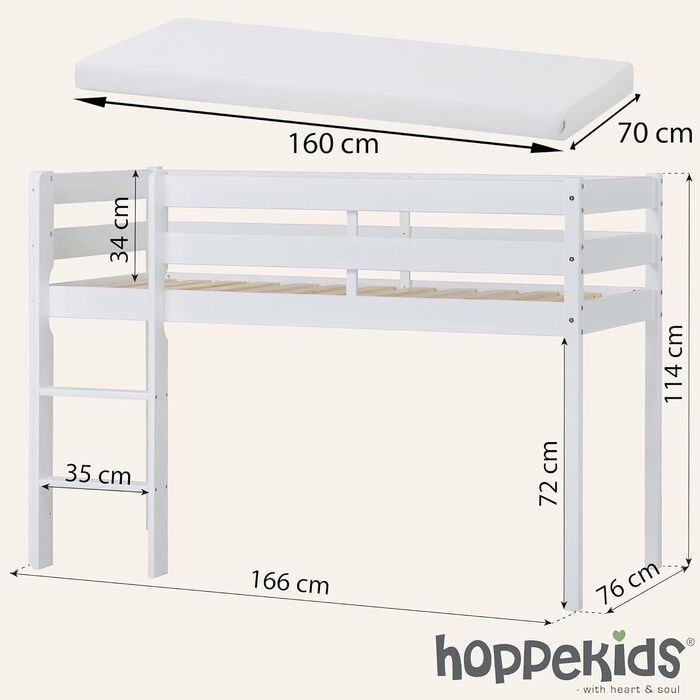 Дитяче ліжко Hoppekids 70x160 см, ліжко-горище/середній рівень сну, виготовлене з масиву сосни, біле, виготовлено в ЄС, з 10-річною гарантією 70x160 білий