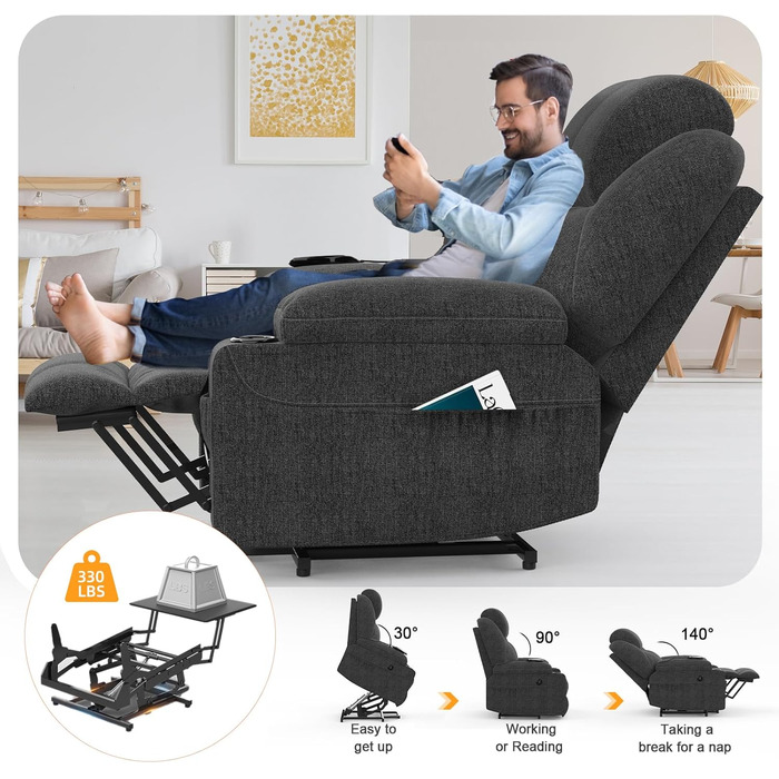 Електричне регульоване крісло-реклайнер YONISEE, масажне крісло з підйомником, функцією масажу та підігріву, крісло-реклайнер з підставкою для ніг, 2 бічні кишені та підстаканники, USB-порти, темно-сірий колір