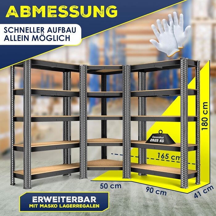 Комплект металевих стелажів MASKO з 3 предметів 1 кутова полиця та 2 стелажі, по 15 полиць кожен Полиця з МДФ панелей, вантажопідйомність 2625 кг, полиця для майстерні, полиця для підвалу, полиця для гаража, надміцні стелажі, стелаж без болтів, чорний