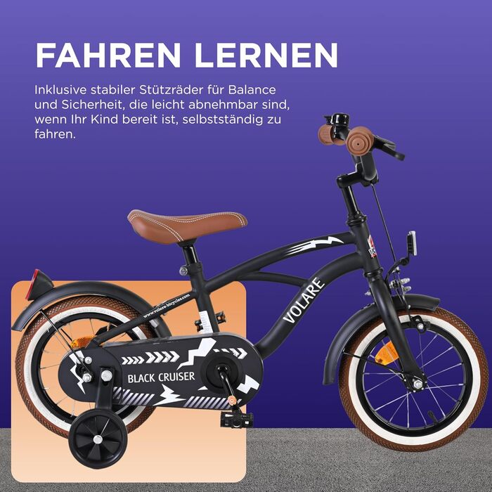 Дитячий велосипед Volare Black Cruiser 12 35 років Ручне та ножне гальмо, знімні бічні колеса, захист ланцюга та світловідбивачі Регульоване сідло Подарунок для дівчаток та хлопчиків
