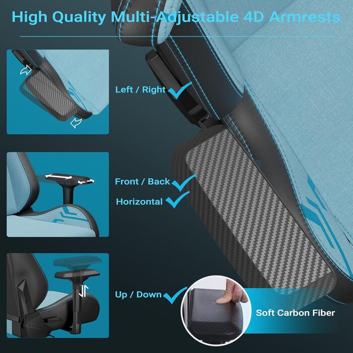 Ігрове крісло KARNOX з тканини, ергономічне гоночне крісло, регульована висота робочого столу з підголівником та поперековою подушкою, кут нахилу 155, регульовані підлокітники 4D, синій