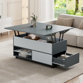 Журнальний столик Merax, стіл для вітальні з регульованою висотою, багатофункціональний журнальний столик 3-в-1 з прихованим місцем для зберігання, шухлядами та коліщатками, що трансформується в обідній стіл, диван-стіл для домашнього офісу, сіро-білий 10