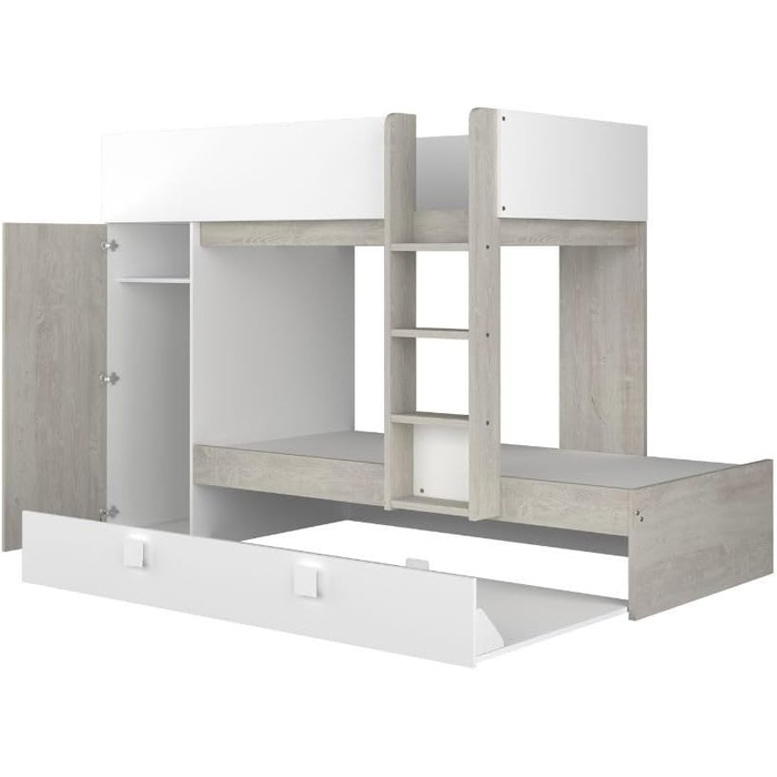 Двох'ярусне ліжко для двох дітей з висувним спальним місцем і шафою для одягу в білому кольорі