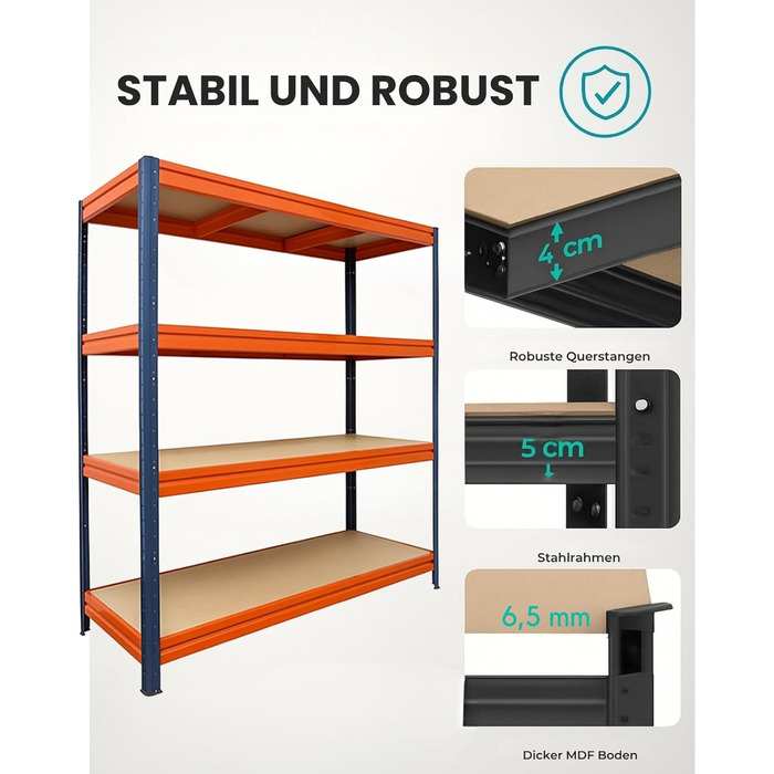 Потужний стелаж KARAT XXL, синьо-помаранчевий 200 x 180 x 60 см, стелажі для гаража, підвалу та майстерні - безболтові стелажі, широкопрохідні стелажі, підвальні стелажі, стелажі для майстерні (TitanRack Big)