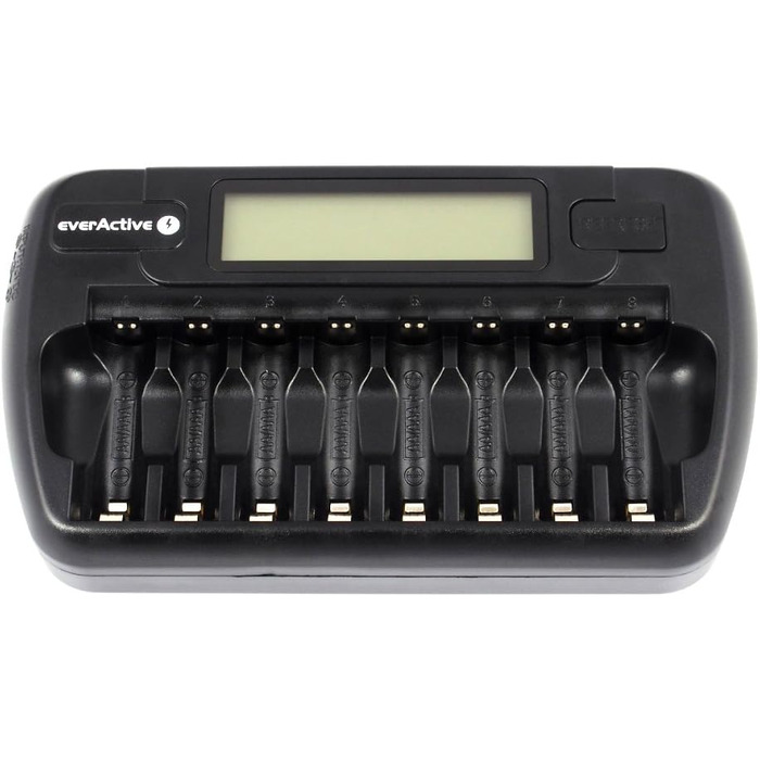 Зарядний пристрій everActive для 8 батарейок типу AAA, швидка зарядка - 4 години, комплект батарейок, РК-дисплей, режим оновлення, автомобільний адаптер, модель NC-800