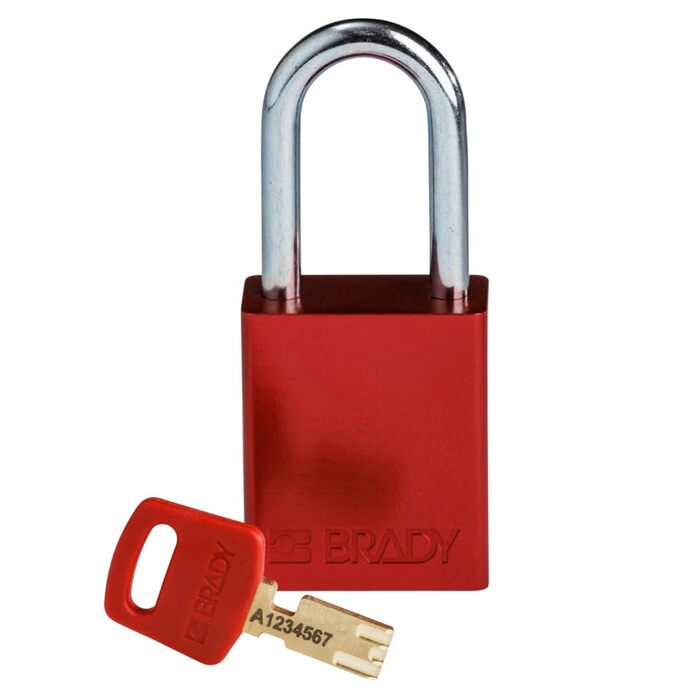 Замок навісний Brady SafeKey алюмінієвий, замок для блокування/маркування (Lockout/Tagout) з ключем замок безпеки для внутрішнього та зовнішнього використання висота дужки 38.10 мм індивідуальний ключ червоний