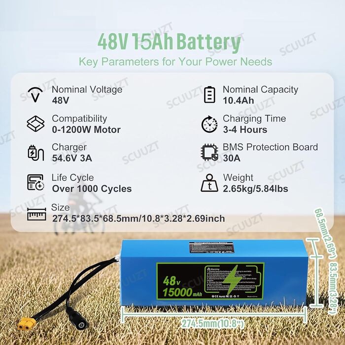 Акумулятор для електровелосипеда 48V 15Ah, велосипедні акумулятори 48V 15000mAh з вбудованим зарядним пристроєм, BMS, водонепроникний ПВХ акумулятор, велосипедні акумулятори 48V для двигунів 200W, 500W, 750W, 1000W, 48V 15Ah XT60DC
