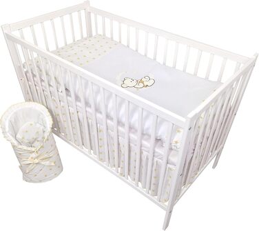 Предметний комплект дитячого ліжечка/колиски та постільної білизни Happy Leo, включаючи матрац з регульованою висотою для новонароджених, немовлят та малюків, з вишивкою (ведмедик, місяць, золоті зірки), 13-