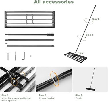 Гребінь-рівняльник для газону 75x25 см з регульованою ручкою (213 см) та антиковзким покриттям, міцний інструмент для вирівнювання газону. Ідеально підходить для саду та подвір'я, чорний колір.