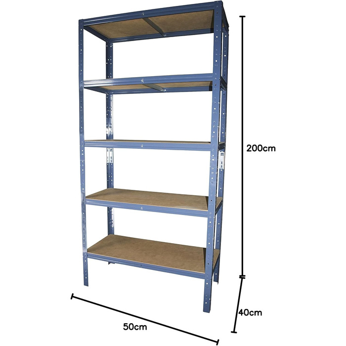 Надміцний стелаж для дому, синій/металевий стелаж з 5 полицями/стелаж для підвалу, стелаж для гаража, стелаж для майстерні або стелаж для зберігання/металевий стелаж без болтів, вантажопідйомність 175 кг, В 200 см / Ш 50 см / Г 40 см, 200x50x40
