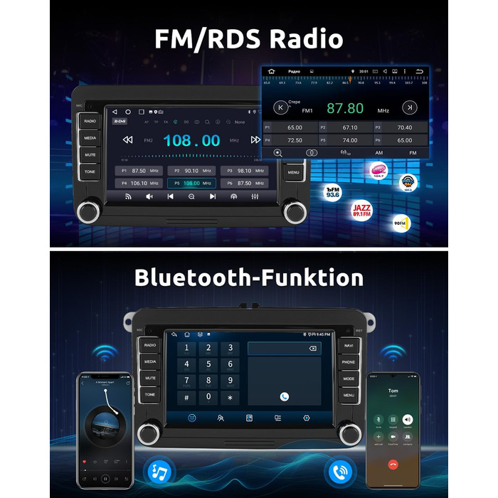 Автомобільне радіо ESSGOO Android 15 464G з бездротовим Android CarPlay для VW Golf MK5 MK6 Polo Caddy Passat Seat RCD330, 2 Din Bluetooth-радіо з 7-дюймовим сенсорним екраном FM RDS GPS WiFi навігація