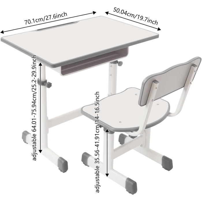 Дитячий письмовий набір, дитячий стіл з регульованою висотою (стіл 64-76 см, стілець 36-42 см), стіл з гачками, шухлядою та лотком для ручок для дітей віком 3-18 років, навчання письму та малюванню (кремово-білий)