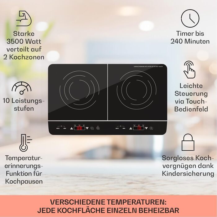 Електрична індукційна варильна поверхня Klarstein, Індукційна плита з 2 мобільними пластинами, Індукційна плита 3500 Вт для кемпінгу та дому, 2 індукційні плити портативні, Сучасна подвійна індукційна плита Чорний
