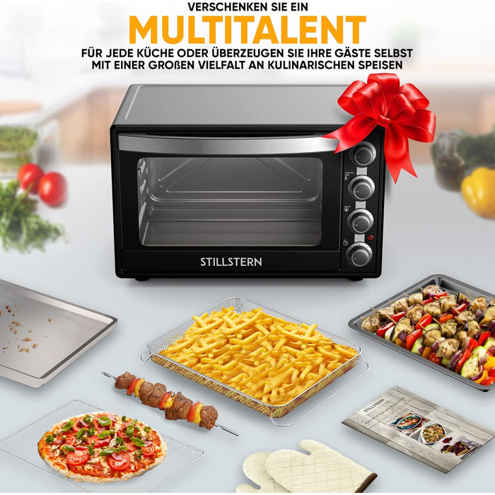 Міні-піч Stillstern з конвекцією (60 л) НОВИНКА CYCLONE PRO (антипригарне покриття), версія DE, вставка для фритюрниці, буклет з рецептами, вертел, міні-піч для піци на грилі потужністю 2200 Вт також для кемпінгу