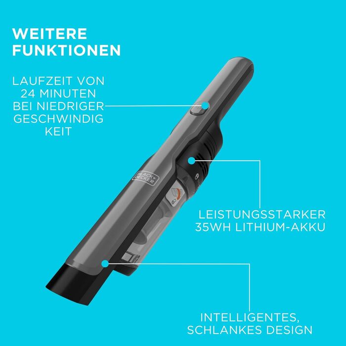 Акумуляторний ручний пилосос 12В у супертонкому дизайні, акумуляторний, сучасний цифровий двигун, 2 рівні всмоктування, вкл. заряд