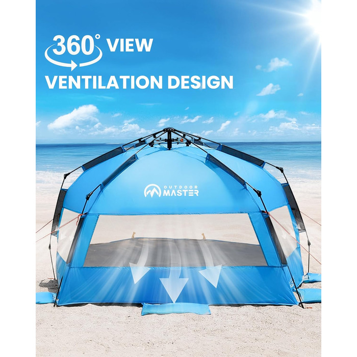 Пляжний намет OutdoorMaster Pop-Up для 3-4 осіб, розмір XL, просте встановлення, портативний пляжний навіс, складний сонцезахисний тент із захистом від ультрафіолету UPF 50, знімний даховий ліхтарик, сімейний розмір, синій