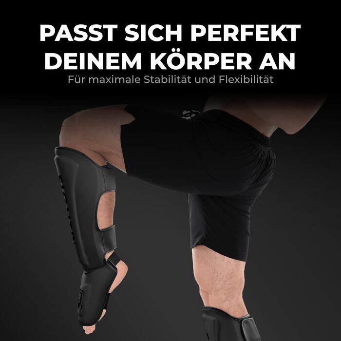 Професійні щитки для гомілок FIGHTR надзвичайно товсті - з ідеальною посадкою та ідеальною підкладкою Надзвичайно товстий захист гомілки для ударів ногами в кікбоксингу, ММА, муай-тай та бойових мистецтвах, повністю чорного кольору, розмір S