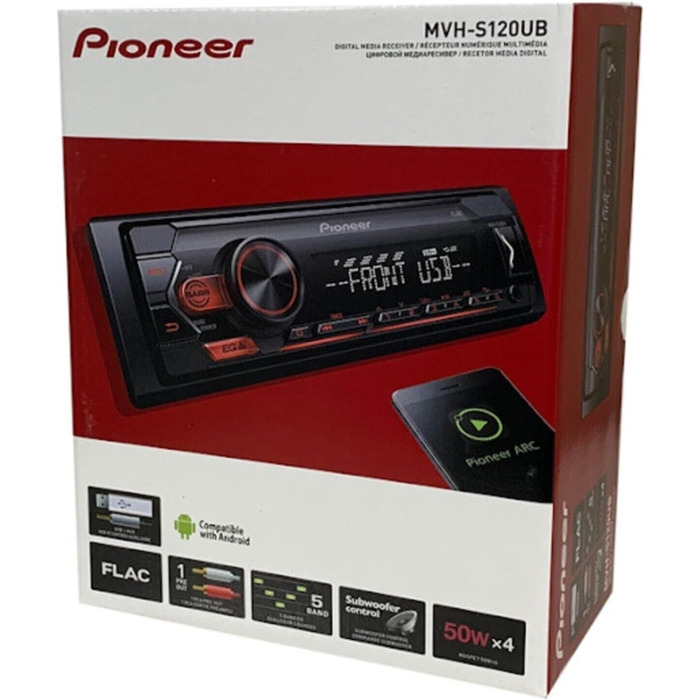 Приймач PIONEER 1-DIN з Bluetooth, червоним/білим підсвічуванням, роз'ємом USB/3,5 мм, Spotify, додатком Pioneer Smart Sync і сумісний з пристроями Apple і Android, червоний/чорний, MVH-S420BT (чорний, червоний, без Bluetooth, одинарний)