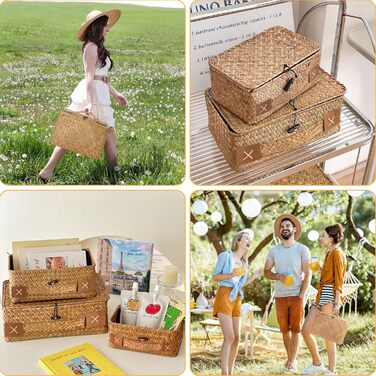 Кошик для зберігання з ротанга з кришкою, 3 шт. плетених кошиків з натуральної морської трави, багатофункціональна коробка для зберігання іграшок, косметики, туалетного паперу для ванної кімнати, велика - 3 шт. - кавового кольору