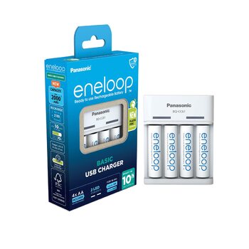 Зарядний пристрій eneloop Basic USB, для 2-4 нікель-металгідридних акумуляторів типу AA/AAA, час заряджання 10 годин, 6 функцій безпеки, включаючи 4 акумулятори eneloop типу AA (2000 мАг), зарядний пристрій USB з 4 акумуляторами eneloop типу AA