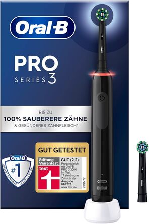 Електрична зубна щітка Oral-B PRO 3 3000, 2 щітки перехресної дії, з 3 режимами чищення та візуальним регулюванням тиску на 360 для догляду за зубами, подарунок чоловік/жінка, чорна (1 упаковка)