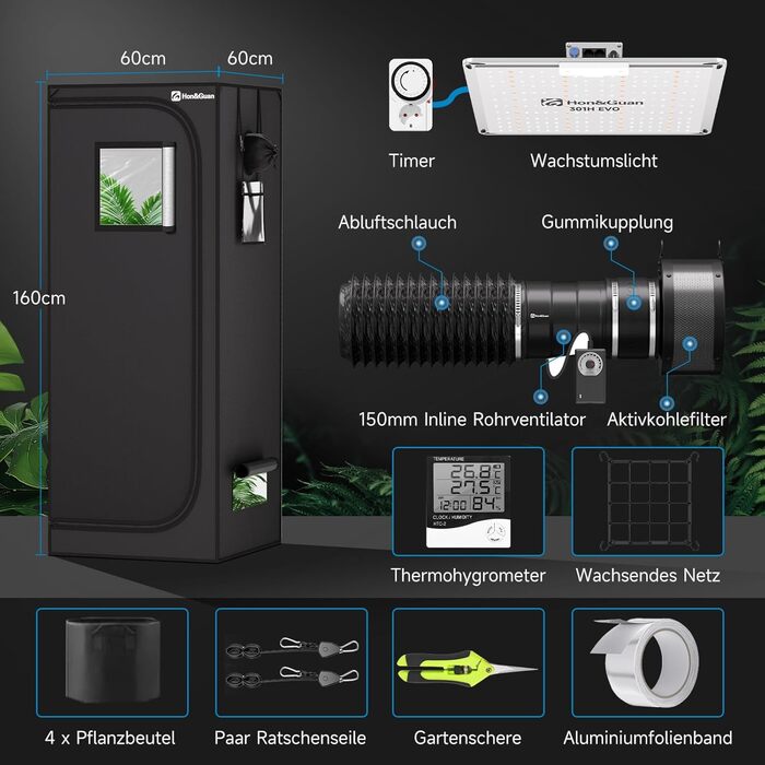 Повний набір наметів для вирощування Hon&Guan зі світлодіодною лампою для вирощування HG1000, намет для вирощування 60x60x160 см, намет для вирощування 150 мм, система вентиляції з фільтром з активованим вугіллям, трубчастий вентилятор, повний набір намет