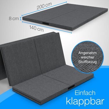 Розкладний матрац ELONEO 140x200 см з чохлом, висота 8 см, розкладний гостьовий матрац, розкладний матрац, розкладний матрац, ортопедична подушка, дорожній матрац, розкладне гостьове ліжко, розкладне ліжко, яке можна прати, 140 x 200 x 8 см, антрацит