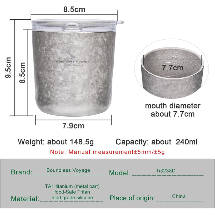 Титанова кружка Boundless Voyage з подвійними стінками та кришкою, 240 мл, надлегка, для чаю, кави, використання на свіжому повітрі, кемпінгу, пікніків, походів, подорожей, домашнього використання, Ti3238D