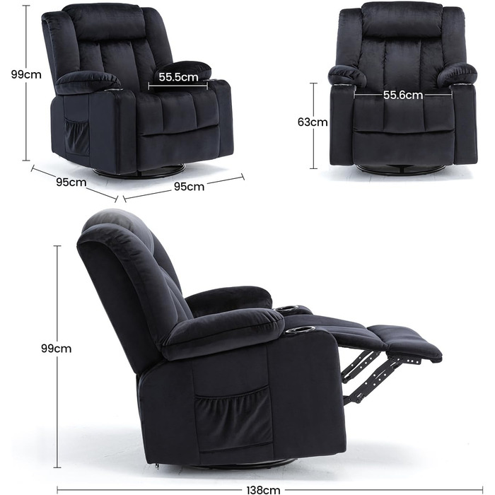 Ручне поворотне крісло-реклайнер для дорослих з регульованою спинкою та підставкою для ніг, крісло-шезлонг на 360 для вітальні, м&39яка тканина, ергономічне, чорний колір