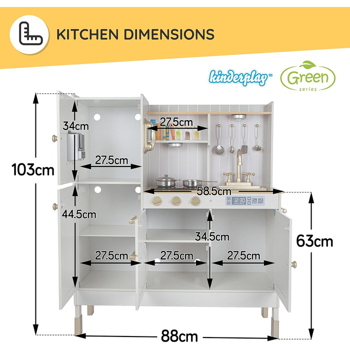 Зелена серія Велика дитяча кухня з дерева ігрова кухня з дерева для дітей - два рівні висоти 89 см і 103 см, світлодіодне освітлення, аксесуари дитяча кухня зі світлом і звуком, GS0060-1