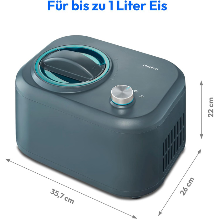 Морожениця MEDION з компресором (підходить для приготування морозива, замороженого йогурту та сорбету, 1 літр, 100 Вт, алюмінієве відро для льоду, попереднє охолодження не потрібне, MD 10169) MD10169 groente